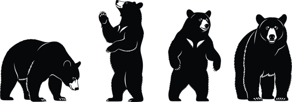 Set of black bear vector silhouettes