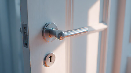 A white door with a modern, silver-toned handle and keyhole, subtly illuminated by natural light casting soft shadows across its surface, suggesting warmth and security.