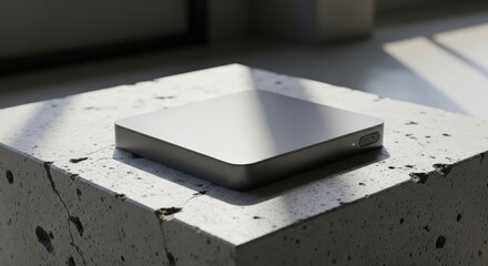 Sleek silver modern device on concrete surface, natural lighting reflects