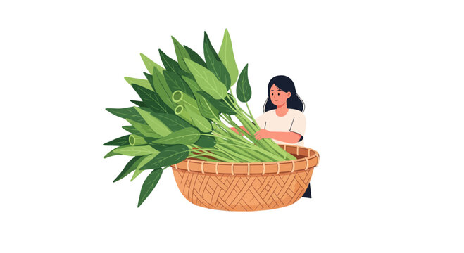 Woman Harvesting Fresh Kangkong in a Woven Basket Against a Black Backdrop