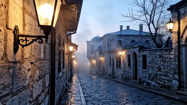 Dim Lantern Glow on a Quiet Foggy Street Before Dawn with Soft Mist and Sahur Atmosphere &ndash; AI Generated