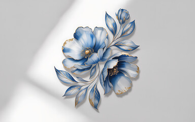 Two Blue Poppies with Gold Edges and Leaves floral