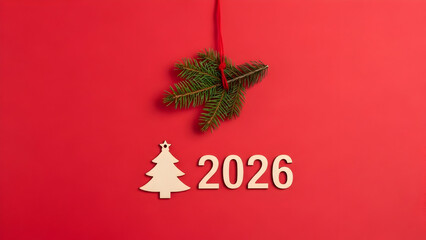 Festive christmas decoration with a wooden star and new year 2026 sign on red background