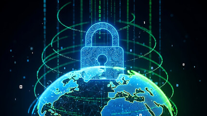 Global Cybersecurity Concept: Digital Earth with Padlock for Data Protection