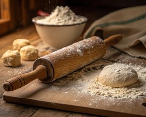 Fototapeta premium Rolling pin flattening dough with flour in preparation for baking
