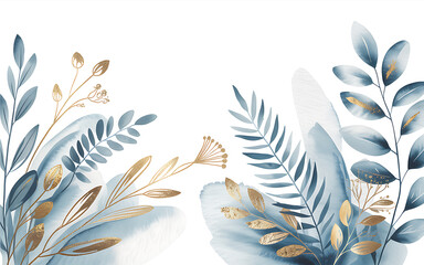 Blue and gold botanical watercolor elements leaves