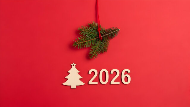 Festive christmas decoration with a wooden star and new year 2026 sign on red background - Powered by Adobe