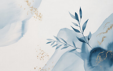 Abstract Blue Watercolor Shapes with Gold Flecks and Leaves