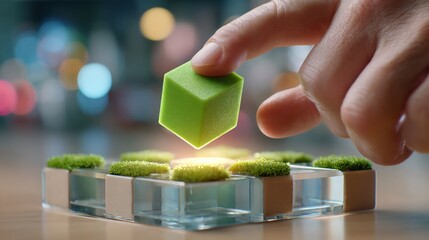 Conceptual Close-up of a Hand Placing a Green Cube onto a Moss Grid, symbolizing Sustainable Building, Green Solutions, and Environmental Innovation with bright glowing light.