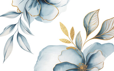 Blue Watercolor Flowers with Gold Outline and Leaves
