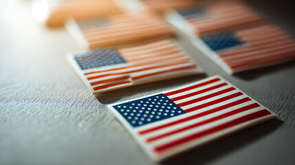 Tiny symbolic representations arranged on the grey surface. Mini flags symbolize the nation's identity and serve as reminders of heritage, values, and shared history.