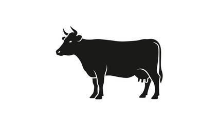 Silhouette of a Black Cow Standing Still on a White Background.