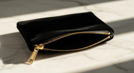 Sophisticated black velvet pouch with golden zipper on marble surface