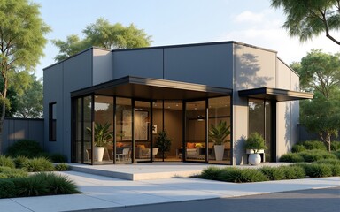A modern small business office exterior with large windows. High quality