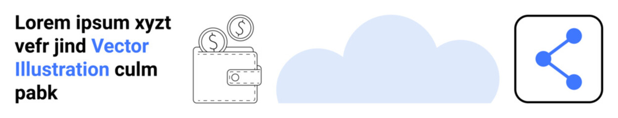 Finance, cloud storage, online sharing, fintech, data transfer, teamwork connections. Wallet with coins, cloud shape and share icon. Finance and cloud storage concept