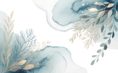 Watercolor Blue Splashes with Gold Leafy Branches abstract