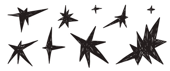Charcoal star sketches with chalk-like texture. Hand-drawn doodle elements in black color. Perfect for creative illustrations, stickers, and graphic designs. Vector linocut blinks elements isolated.