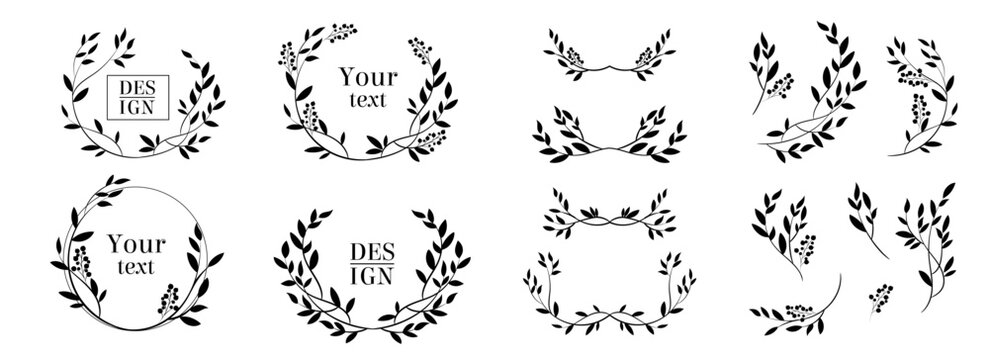 Botanical vector wreath frames set, minimal floral line art templates, elegant leaf and branch round logo design elements