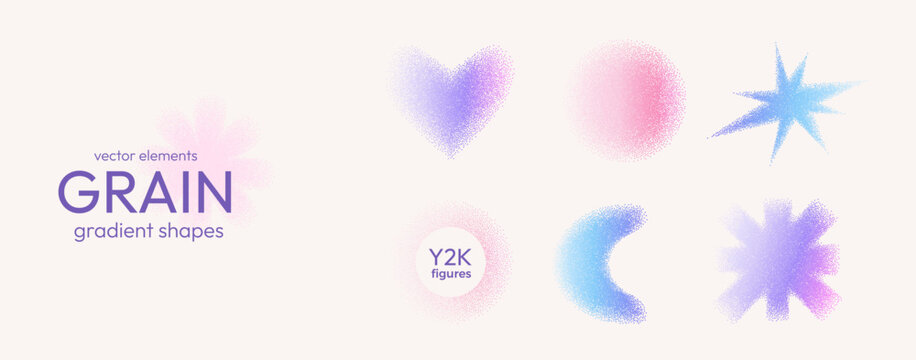 Pastel colors geometric grain gradient shapes with noise. Y2k retro stippling crown, twinkle forms set. Butterfly, flower, heart and star icons on beige background. Vector pink, blue illustration.