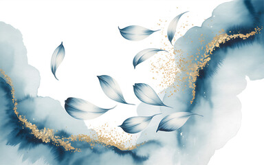 Blue Watercolor Swirls with Floating Leaves and Gold Glitter
