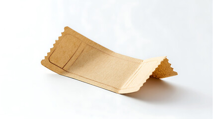 Close-up of a torn brown paper ticket with perforated edges, casting a soft shadow on a clean white background. The minimalist composition highlights texture and form.