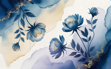 Blue floral watercolor with gold accents abstract