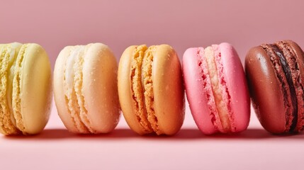 A beautiful display of colorful macarons lined up against a soft pink background. These delicate treats are perfect for dessert tables and events. They are a symbol of sweet luxury. AI