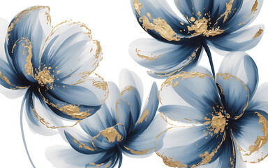 Blue Watercolor Flowers with Gold Leaf Edges abstract