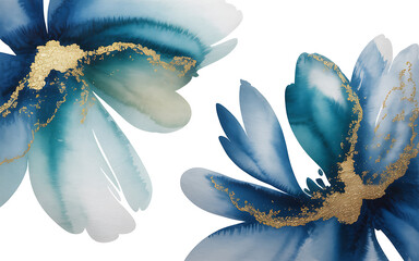 Close-up Blue and Teal Floral Watercolor with Gold Accents