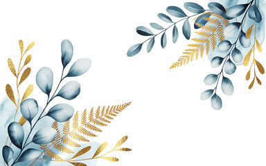Blue and Gold Floral Corner Accents with Ferns abstract