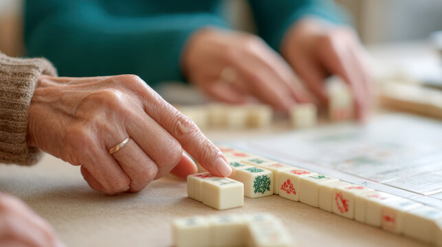 Close-up of hands during a mahjong lesson with game tiles and a rectangular table setting