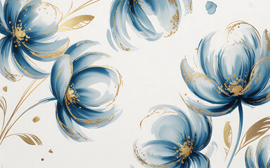 Blue and Gold Watercolor Flowers on White graphic design