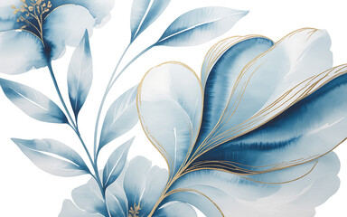 Blue and white floral watercolor with gold outlines