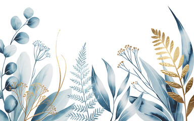 Blue and Gold Botanical Watercolor Border floral leaves