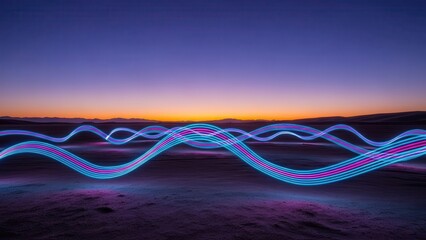 Abstract light painting waves over desert landscape at twilight with vibrant blue and pink neon lines creating a dynamic digital art effect