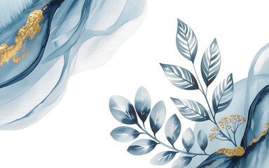 Blue and Gold Abstract Watercolor Leaves and Swirls