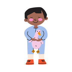Smiling little kid playing with cute soft toy. Boy cartoon character with a toy goose on a white background for poster, stickers, flyer, kindergarten advertisement. Vector illustration isolated
