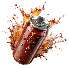 Refreshing cola can with dynamic splash and droplets isolated on white background, PNG. AI Generated