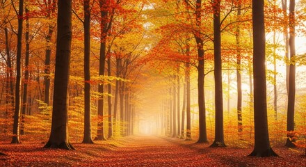 Spectacular autumn forest landscape with golden leaves and a misty path