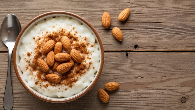 Creamy rice pudding topped with almonds and cinnamon in rustic wooden bowl. Rice pudding dish features healthy ingredients and is perfect for breakfast or dessert.