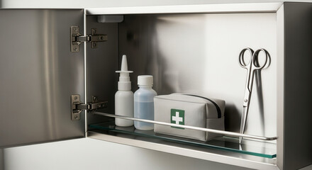 Home medicine cabinet with nasal spray and saline solution, first aid kit and scissors for household healthcare