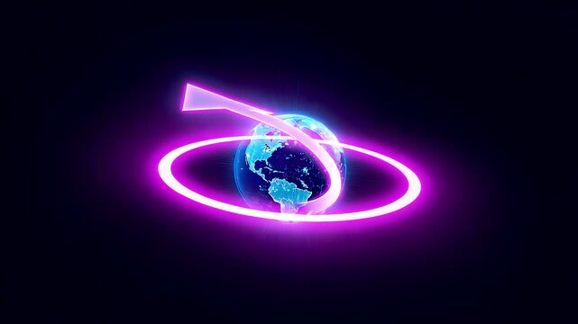Glowing digital globe encircled by neon orbital ring and directional arrow highlighting global technology connectivity and modern data movement