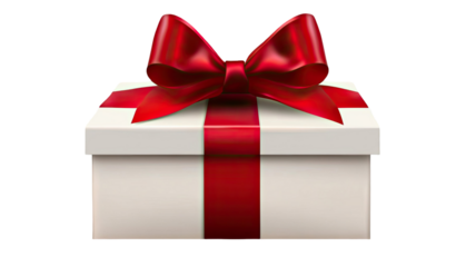White gift box wrapped with red ribbon and bow for celebration birthday holiday present photography isolated on white background