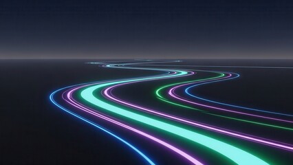 Abstract flowing neon light trails on a dark road representing digital data transfer, speed, technology, and futuristic connectivity in a virtual environment