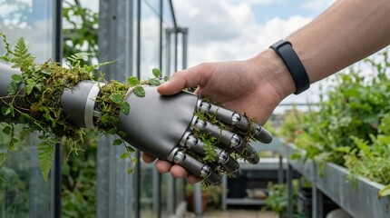 Human shaking robotic hand covered in plants, sustainable green technology concept