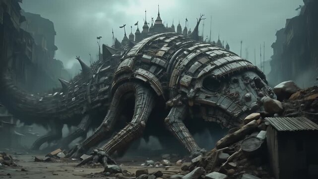 Mechanical colossus in a post-apocalyptic city, a symbol of technological dominance