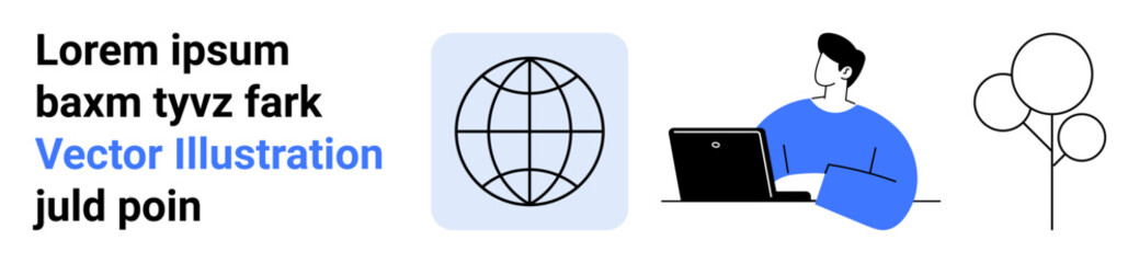 Web design, global connectivity, remote work, technology, productivity, environment. A globe icon, a person working on a laptop and a minimalist tree. Web design and global connectivity concepts