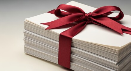 Stack of blank papers tied with elegant crimson satin ribbon bow