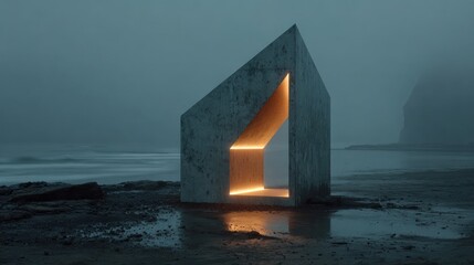 Geometric concrete structure glows on a misty beach
