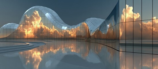 Modern architectural structure with curved glass, reflections and sky